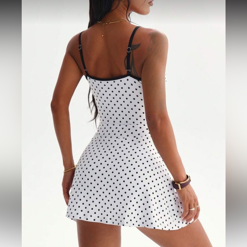 SHEIN White Polka Dot Spaghetti Strap Mini Dress with Black Trim - Picture 3 of 3